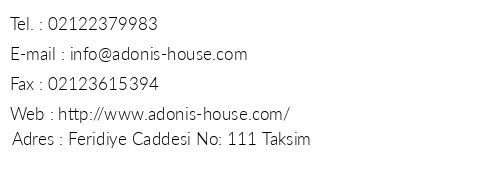 Adonis House Hotel telefon numaralar, faks, e-mail, posta adresi ve iletiim bilgileri